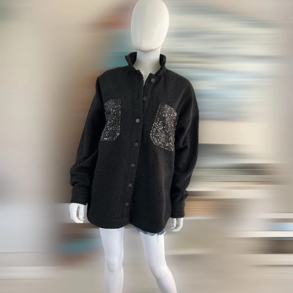 PEACH LOVE CALIFORNIA Black faux Sherpa sequin pocket jacket S M L - Picture 7 of 9